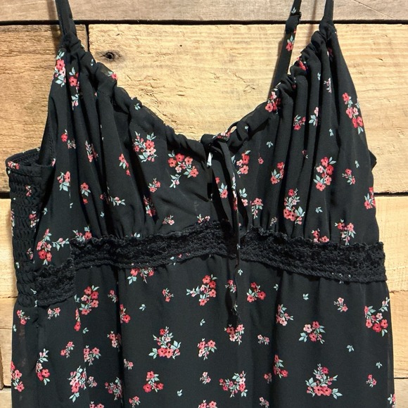 No Boundaries Dress M Black Floral Spagetti Shift Midi Smocked Empire Y2K Goth - Picture 3 of 10